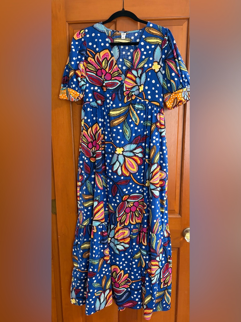 Tabitha Blue Floral Polka Dot Maxi Dress with Multicolor Blooms